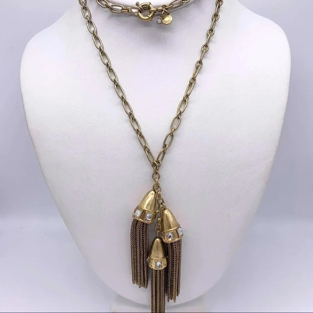 J. Crew Gold Jeweled Triple Tassel Necklace